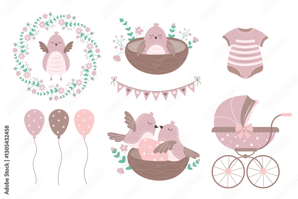 Set of elements to celebrate a baby shower party Set of elements to celebrate a baby shower party