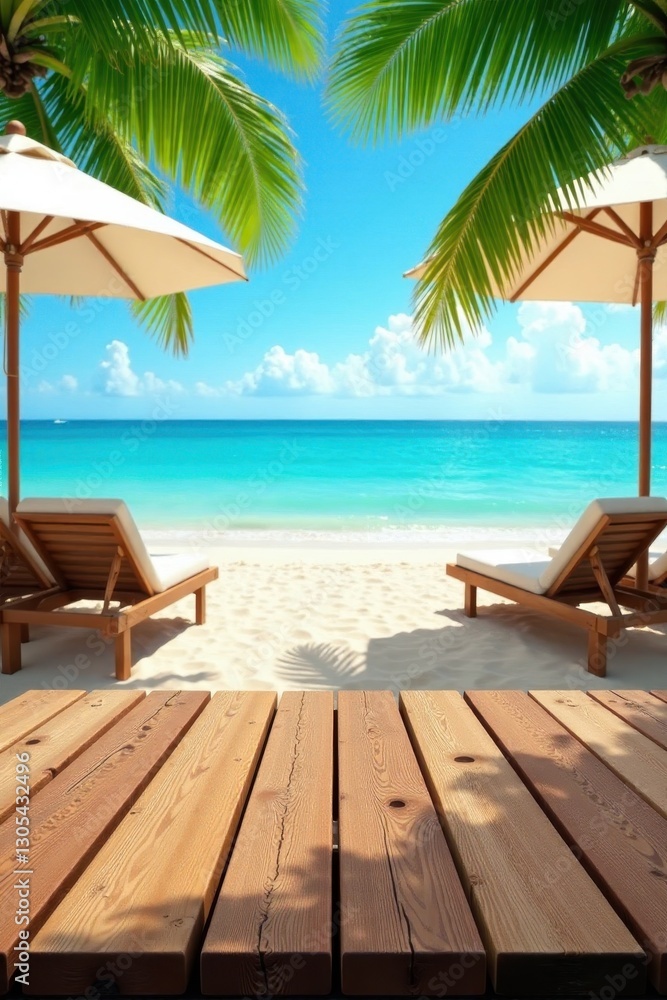 Obraz premium Wooden beach tables, palm backdrop, clear sky, bright, yellow, coastal