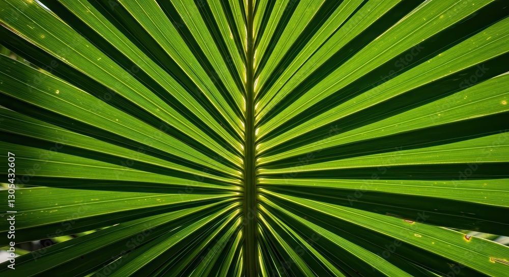 Obraz premium Close-up of Green Palm Leaf Radiating Pattern with Sunlight