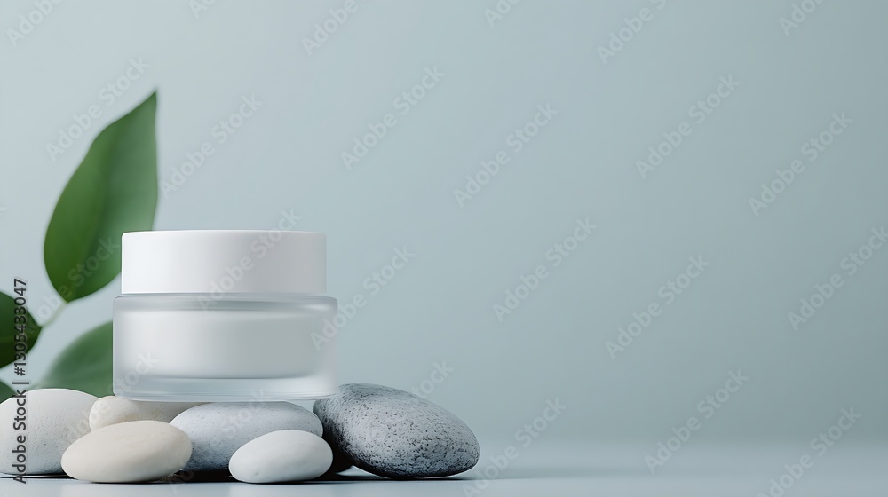 Elegant Skincare Jar Surrounded by Smooth Stones and Leaves Elegant Skincare Jar Surrounded by Smooth Stones and Leaves