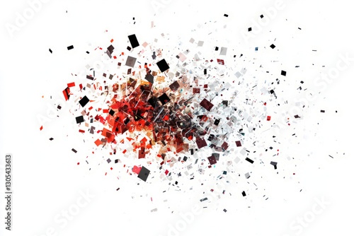 Abstract digital pixels breaking apart in a fragmented explosion, isolated on a white background