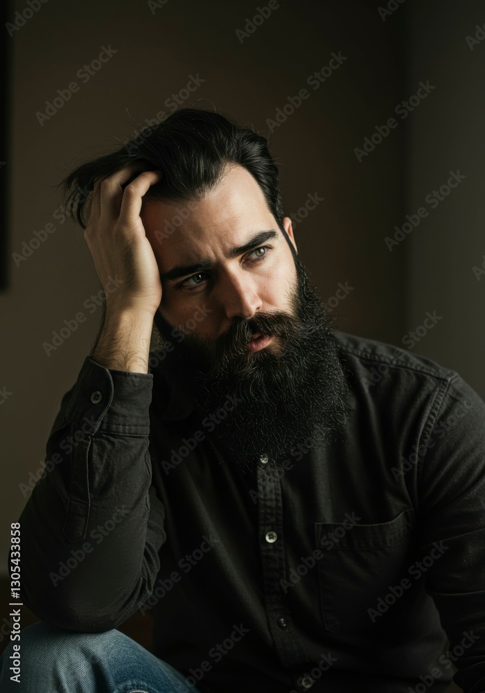 Pensive Man, Sitting, Low Light Pensive Man, Sitting, Low Light