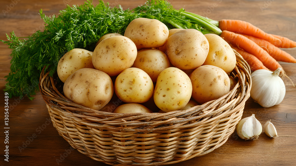 Fresh Organic Potatoes, Onions, and Carrots in Wicker Basket on Wooden Surface - Farm Harvest Concept, Stock Photo