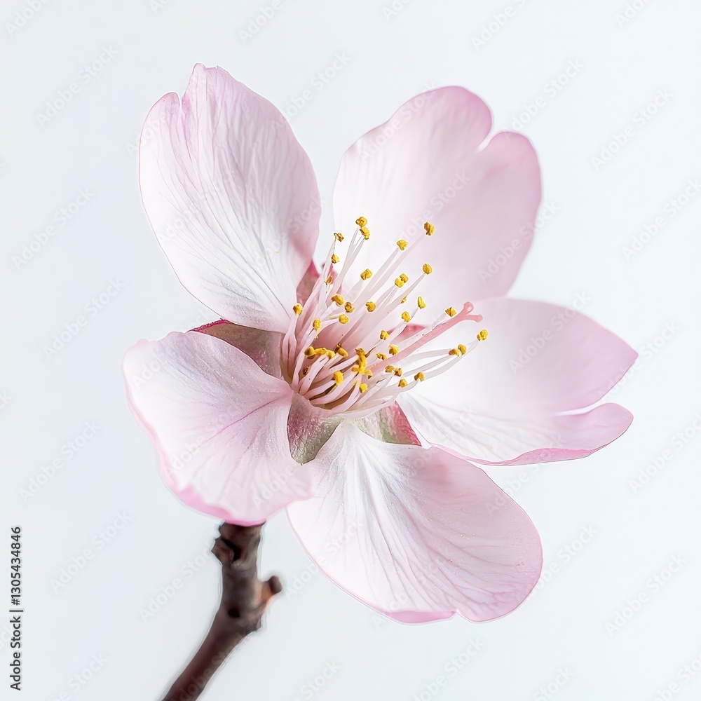 Delicate pink blossom with yellow stamens on a twig against a white background, symbolizing purity and new beginnings. Ideal for spring, nature, and floral themes. Delicate pink blossom with yellow stamens on a twig against a white background, symbolizing purity and new beginnings. Ideal for spring, nature, and floral themes.
