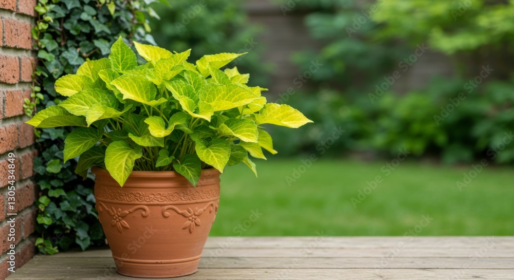 Planted Pot on Wooden Deck Planted Pot on Wooden Deck