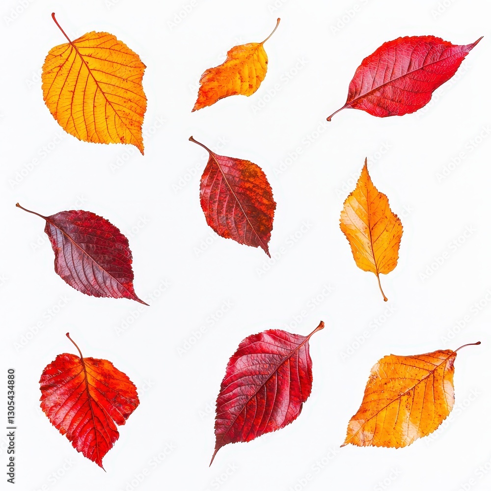 Obraz premium Colorful autumn leaves on white, transitioning from vibrant yellows to deep reds, representing seasonal change and natural beauty. Use for fall designs.
