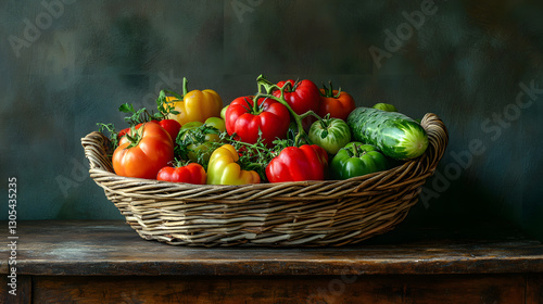 Abundant Harvest of Fresh Organic Vegetables in Wicker Basket on Wooden Table, Farm Fresh Produce Concept, Food Photography