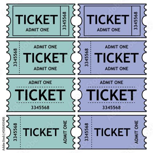 A set of colored (blue and green) tickets . Retro ticket design template. Tickets for cinema, movie, circus, carnival, film, festival, etc.