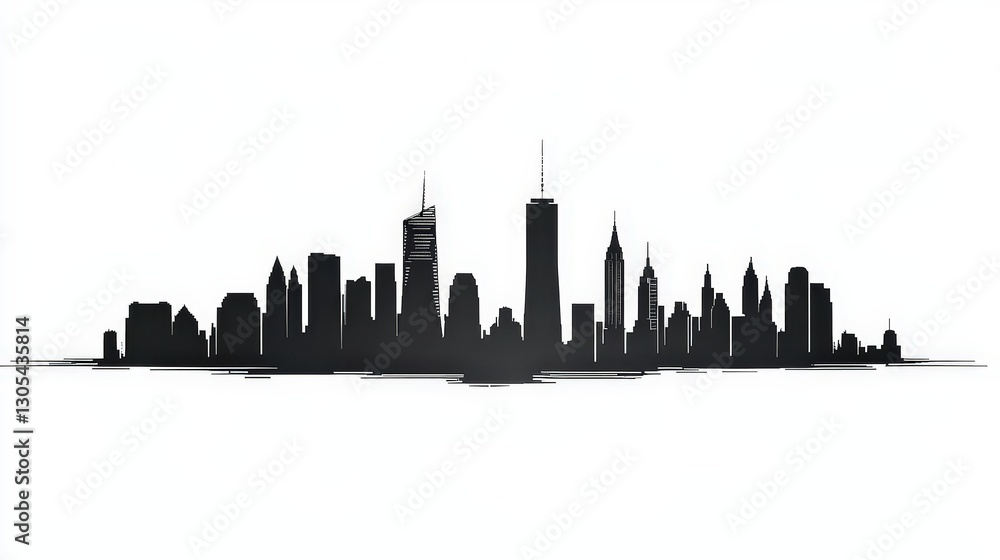 Naklejka premium Cityscape Silhouette: An artistic depiction of a modern city skyline, featuring iconic skyscrapers against a stark white backdrop, rendered in shadow.