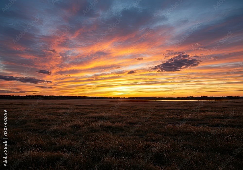 Obraz premium Fiery Sunset over Serene Prairie Landscape