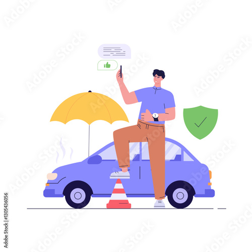 Car Insurance Vector illustration. Man Buying Car Insurance and Signing Form with Red Auto. Concept of Car Insurance Services, Protection Property, Road Accident for Landing Page and Web Design