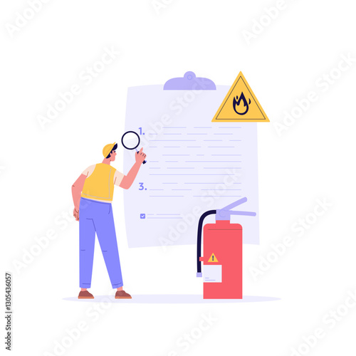 Fire safety control vector illustration. Firefighter inspector checking firefighter equipment, fire extinguisher box, alarm system. Concept of fire fighter inspection checklist, alarm system button