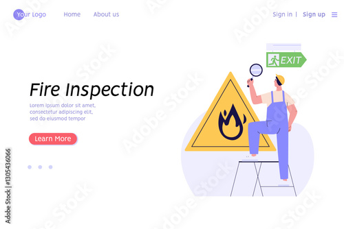 Fire safety control vector illustration. Firefighter inspector checking firefighter equipment, fire extinguisher box, alarm system. Concept of fire fighter inspection checklist, alarm system button