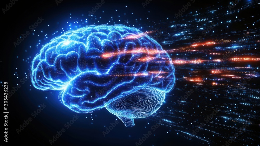 Digital brain glows with energy and data. Artificial intelligence concept shows connections and information. Bright illustration of technology with blue and red lines. Digital brain glows with energy and data. Artificial intelligence concept shows connections and information. Bright illustration of technology with blue and red lines.