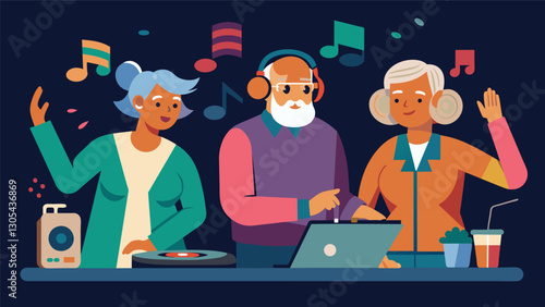 The elderly DJs take turns introducing songs with each one sharing their own unique stories and memories related to the music adding a personal touch to the night.. Vector illustration