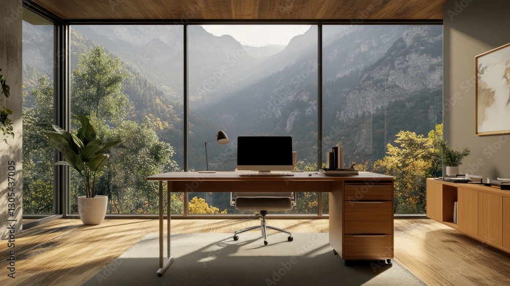 Fototapeta premium Modern home office with mountain view (2)