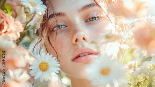 Fototapeta Naklejka Na Ścianę i Meble -  Floral portrait of a girl in a meadow