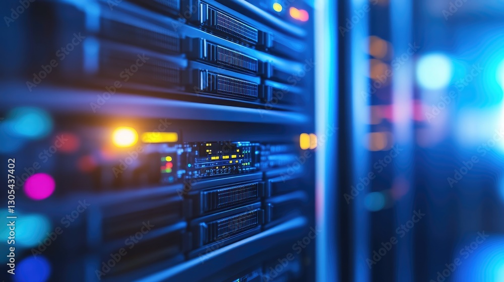 Close-up of a data center with glowing blue and orange server lights, symbolizing cloud computing, cybersecurity, and IT infrastructure. Ideal for technology and digital security themes Close-up of a data center with glowing blue and orange server lights, symbolizing cloud computing, cybersecurity, and IT infrastructure. Ideal for technology and digital security themes