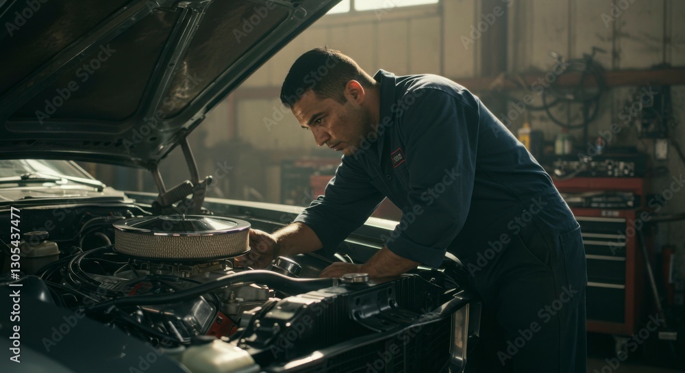 Mechanic Inspecting Classic Car Engine Mechanic Inspecting Classic Car Engine