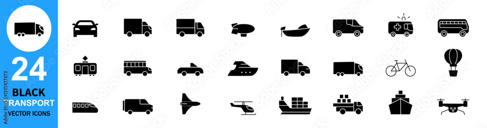Transportation black Icons for Websites and Mobile Apps: Cars, Trains, Planes, and More.Transport set of web icons in black style.
