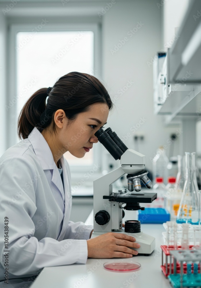 Scientist observing lab microscope Scientist observing lab microscope