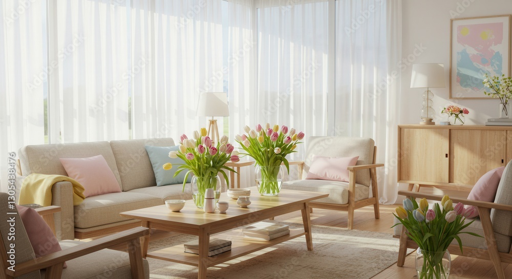 Fototapeta premium Bright Living Room with Tulips and Natural Light in Home Interior