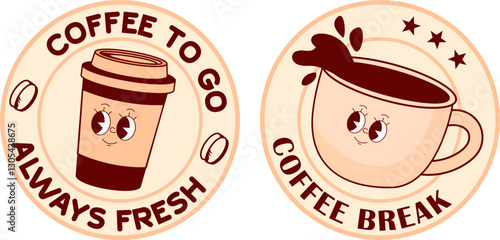 Cartoon bar and cafe drinks. Abstract funny espresso sticker, poster with 70s cappuccino cup, trendy seamless pattern with coffee beans. Retro coffee character.  Vector set. Cute walking mugs