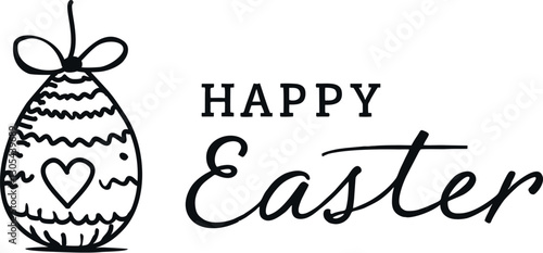 Vector illustration of a drawn black and white egg with a pattern and a heart, on the right the inscription Happy Easter