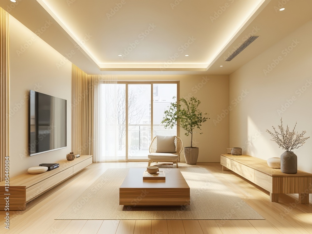 Fototapeta premium A Modern Living Room Interior Design Emphasizing Neutral Tones and Light