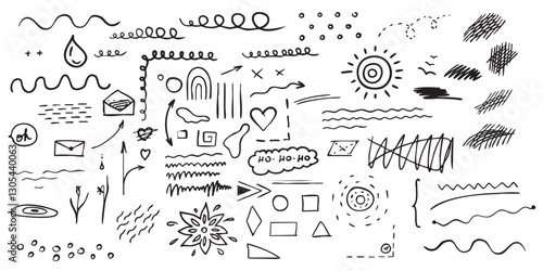 Set Pencil doodls auxiliary elements: Line and Shape Play, Squiggles and Scribbles, Circles and Dots, Waves and Undulations, Triangles and Squares, Arches and Ovals, Drips and Drops, Organic Blobs