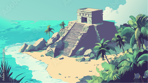 Tulum's Ancient Pyramid in Isometric Style