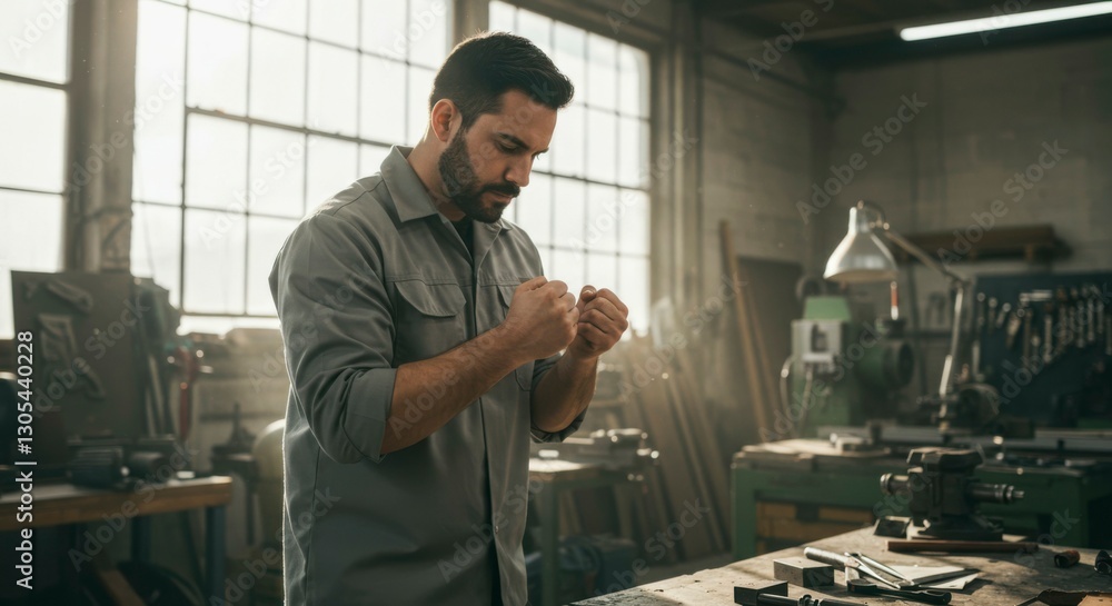 Craftsman Inspecting Work in Workshop Craftsman Inspecting Work in Workshop