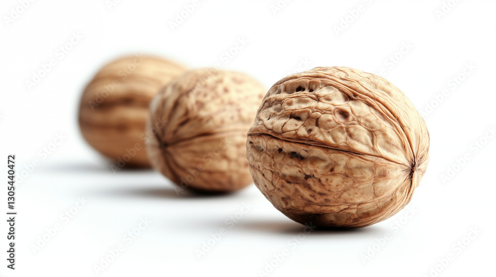 Three whole walnuts positioned in a line on a white background for culinary and health themes Three whole walnuts positioned in a line on a white background for culinary and health themes