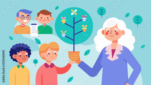 With the help of DNA testing an elderly individual discovers relatives they never knew existed and excitedly adds them to their everexpanding family tree.. Vector illustration