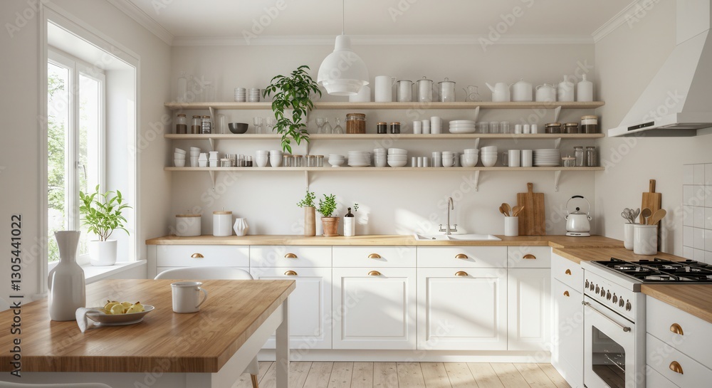 Fototapeta premium Bright Modern Kitchen with Open Shelves and Wooden Countertops Design