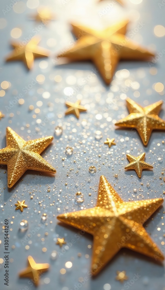 Abstract golden stars on shimmering silver surface, metallic, background Abstract golden stars on shimmering silver surface, metallic, background