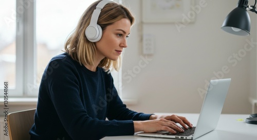 Woman Working on Laptop at Home