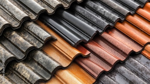 Various metal roofing sheets in black, orange, and brown hues, stacked neatly, showcasing their textures and potential for roofing applications in construction photo