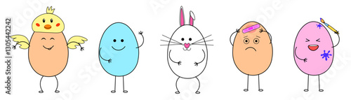 Very cute set of Easter characters. Collection consists of five elements isolated on  white background.  Smiling faces, Easter costumes, egg coloring. Delicate colors.