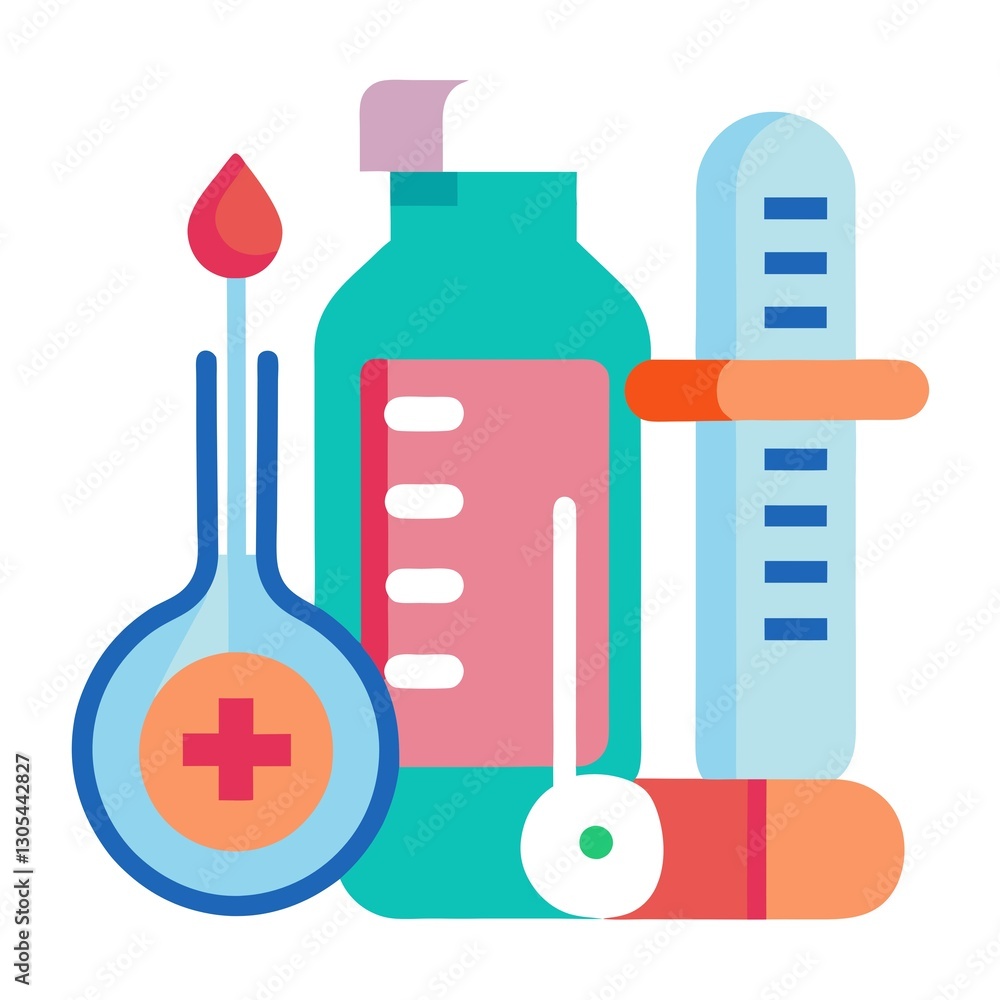 A collection of medical supplies including a thermometer, a bottle of medicine A collection of medical supplies including a thermometer, a bottle of medicine