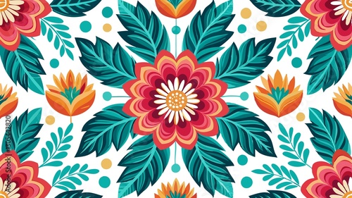 Wallpaper Mural A colorful floral design with green leaves and red flowers Torontodigital.ca