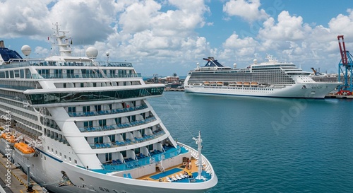 Modern Cruise Ship at Port with Scenic Harbor View