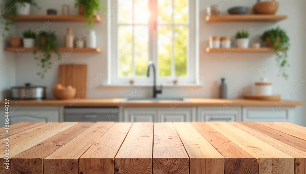 Empty wooden tabletop in front of blurred kitchen background, product display montage Empty wooden tabletop in front of blurred kitchen background, product display montage