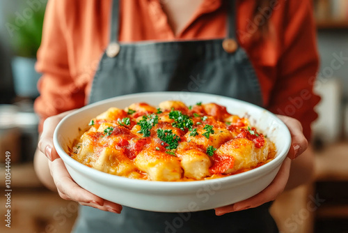 Woman holding tasty pasta in kitchen, bar, cafe or restorant, closeup. Baked dish