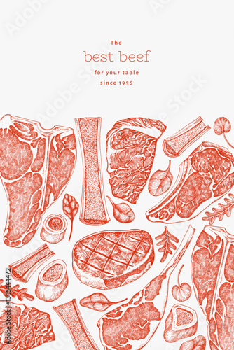 Butchery Shop Design Template. Vector Hand Drawn Meat Banner. Vintage Style Bar B Q Menu Illustration.