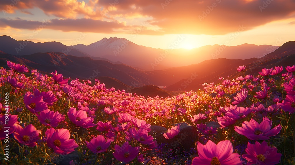 Fototapeta premium Sunrise over Mountainous Flower Field
