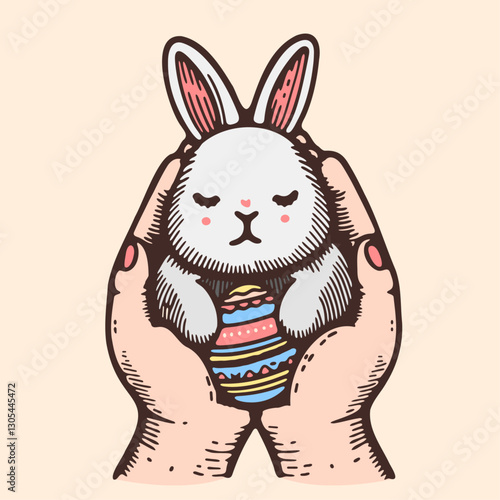 hands holding cute bunny with an Easter egg illustration