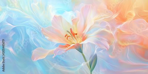 Pink and blue pastel-colored background with beautiful blooming flowers, springtime. Nature-themed design that evoke calmness and romance.