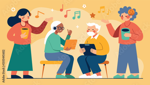The music therapy session not only provides a creative outlet for the elderly individuals but also improves their cognitive skills and overall wellbeing.. Vector illustration