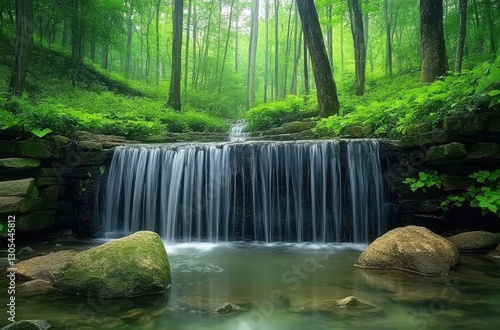 Tranquil Forest Setting with Serene Waterfall Cascading Over Rocks Surrounded by Lush Green Foliage and Tall Trees in a Peaceful Nature Scene